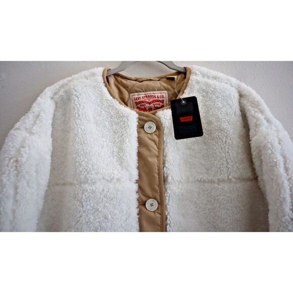 Levi’s Women's Sz L Beige/Cream Marlowe Oversized Reversible Sherpa Jacket - Picture 3 of 12
